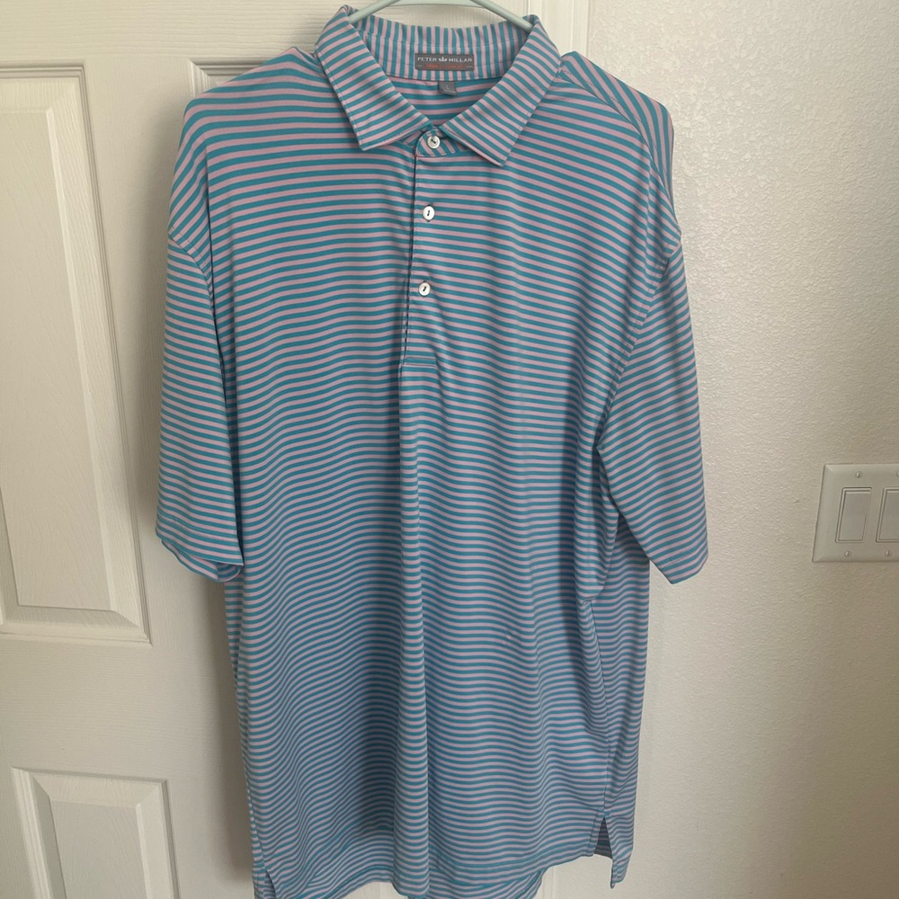 Peter Millar Light Blue and Pink Striped Polo